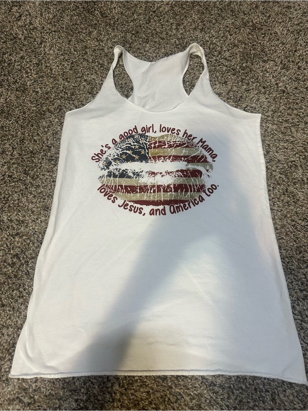 USA America Jesus White Racerback Tank with Patriotic Lip Graphic